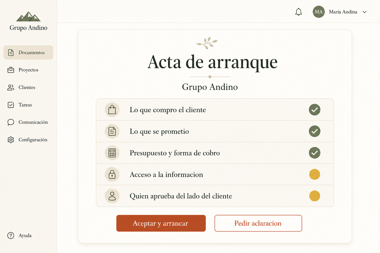 Acta de arranque con lo confirmado en verde y lo pendiente en dorado